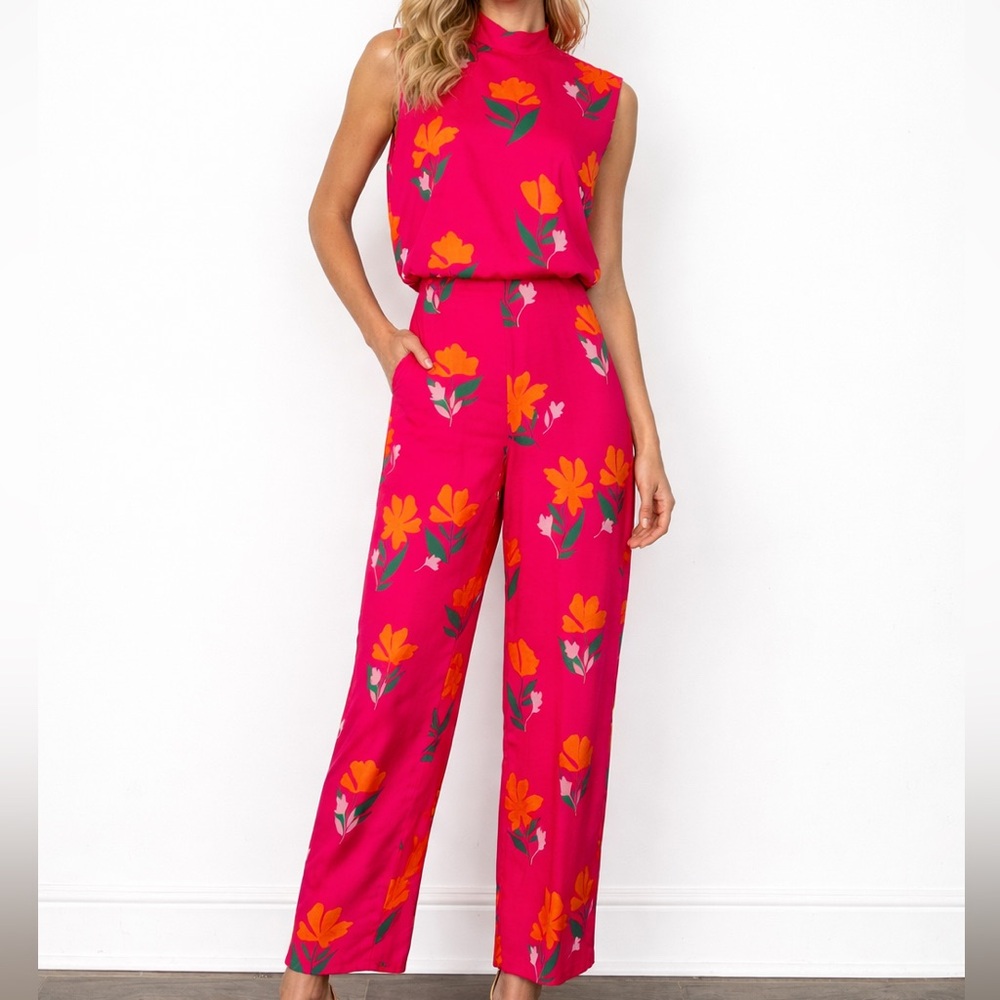 Zara Hot Pink Floral High-Neck Jumpsuit | M - Picture 3 of 10